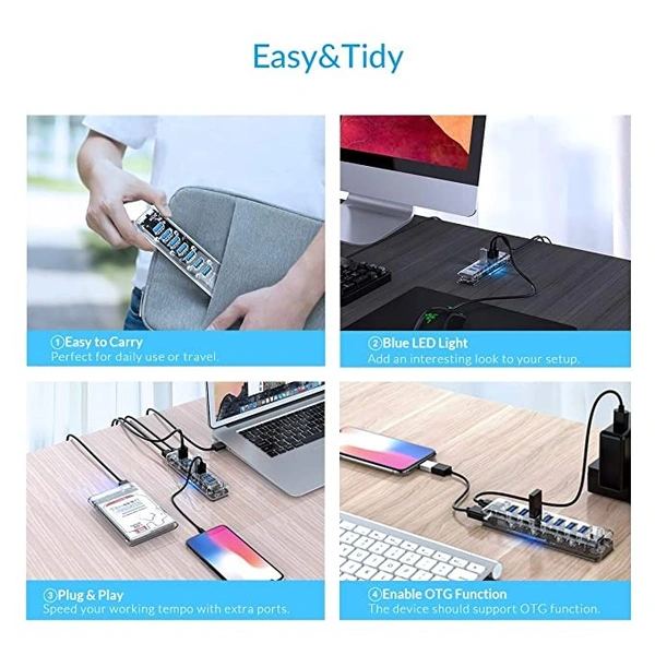 ORICO USB 3.0 Hub, 7 Ports USB3.0 Transparent Desktop HUB with Blue Indicator Light & Dual Port Power Supply with 1M Cable