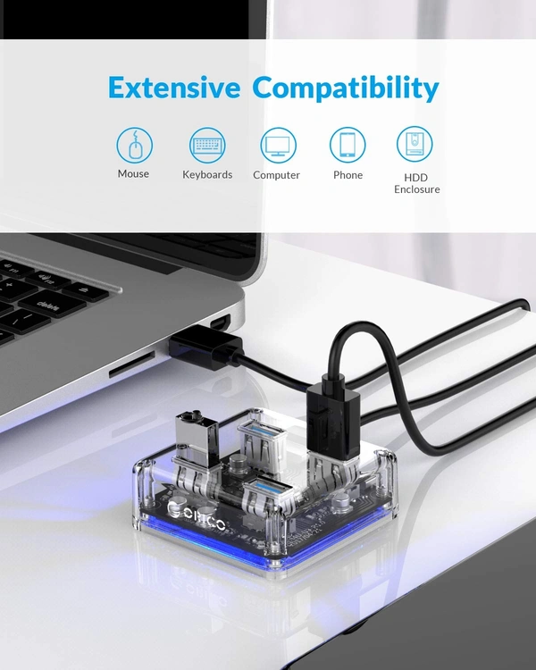 ORICO 4 Ports Hub Transparent USB 3.0 Hub Support Offline Powered and OTG Function with 30CM Cable