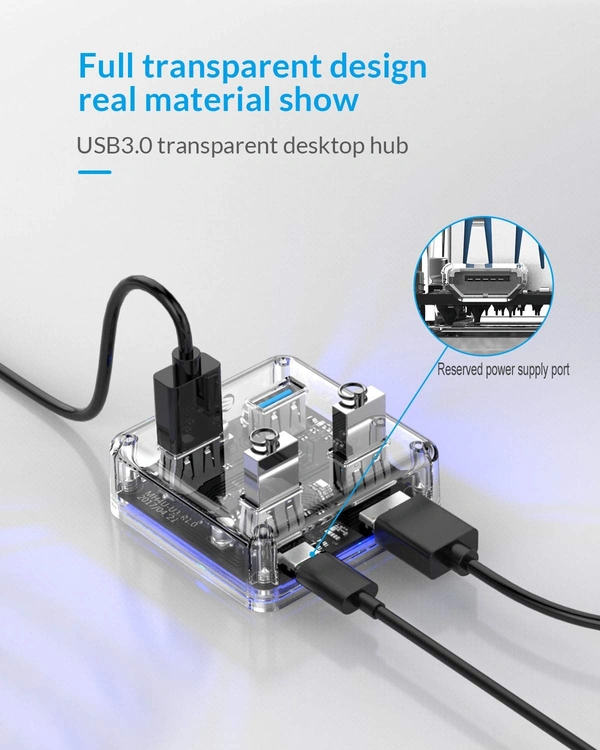ORICO 4 Ports Hub Transparent USB 3.0 Hub Support Offline Powered and OTG Function with 30CM Cable