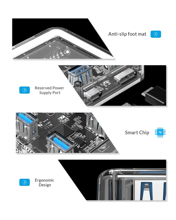 ORICO 4 Ports Hub Transparent USB 3.0 Hub Support Offline Powered and OTG Function with 30CM Cable