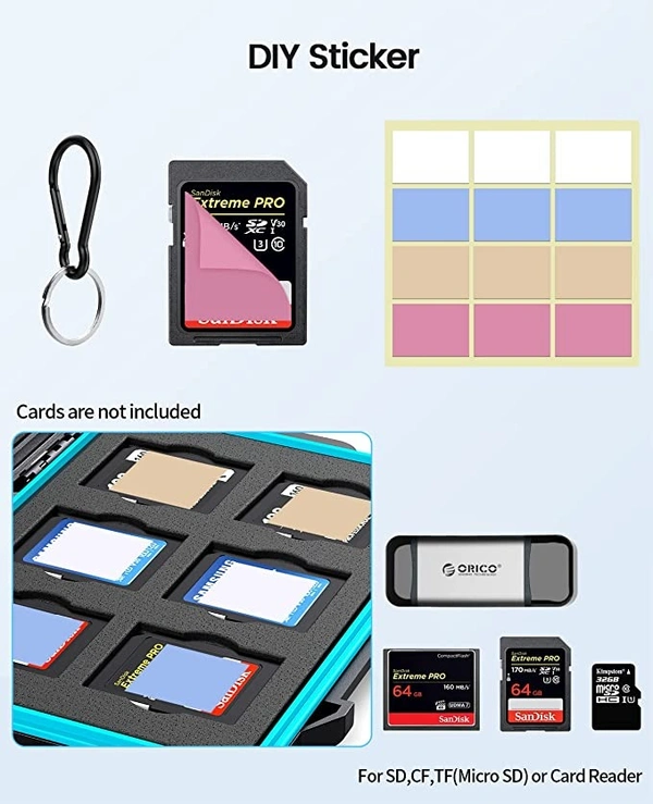 ORICO SD Card Case Holder, 24 Slots Professional Water-Resistant Anti-Shock Holder for 12TF Card and 12 SD Card Protector Storage with Carabiner and Label