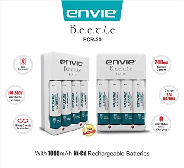 Envie Beetle Charger with Envie 4xAA Ni-Cd 1000 Mah Batteries - 9.3 x 6 x 5 Centimeters, Item Weight	200 Grams