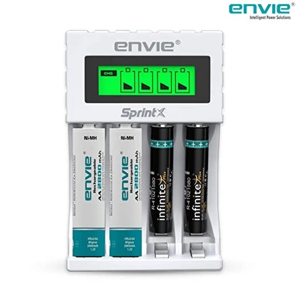 ENVIE® (ECR 11MC+2800+1100) SprintX Ultra Fast Rechargeable Batteries Charger for AA & AAA Ni-mh, with 2xAA2800 & 2AAA1100 Rechargeable Batteries, with Over Charge Protection - Item Dimensions LxWxH	10 x 7 x 4 Centimeters, Item Weight	260 Grams
