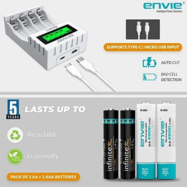 ENVIE® (ECR 11MC+2800+1100) SprintX Ultra Fast Rechargeable Batteries Charger for AA & AAA Ni-mh, with 2xAA2800 & 2AAA1100 Rechargeable Batteries, with Over Charge Protection - Item Dimensions LxWxH	10 x 7 x 4 Centimeters, Item Weight	260 Grams