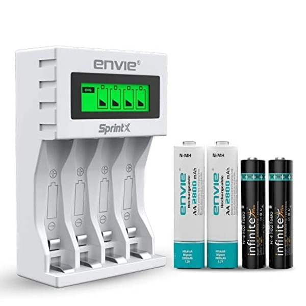 ENVIE® (ECR 11MC+2800+1100) SprintX Ultra Fast Rechargeable Batteries Charger for AA & AAA Ni-mh, with 2xAA2800 & 2AAA1100 Rechargeable Batteries, with Over Charge Protection - Item Dimensions LxWxH	10 x 7 x 4 Centimeters, Item Weight	260 Grams