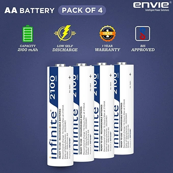 ENVIE® (AA2100RTU4PL) Infinite AA Rechargeable Batteries | High-Capacity Ni-MH | 2100 mAh | Low Self Discharge | (Pack of 4)