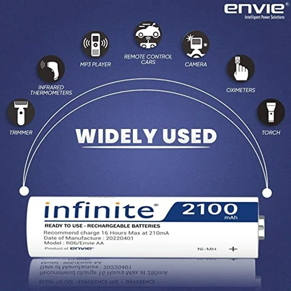 ENVIE® (AA2100RTU4PL) Infinite AA Rechargeable Batteries | High-Capacity Ni-MH | 2100 mAh | Low Self Discharge | (Pack of 4)