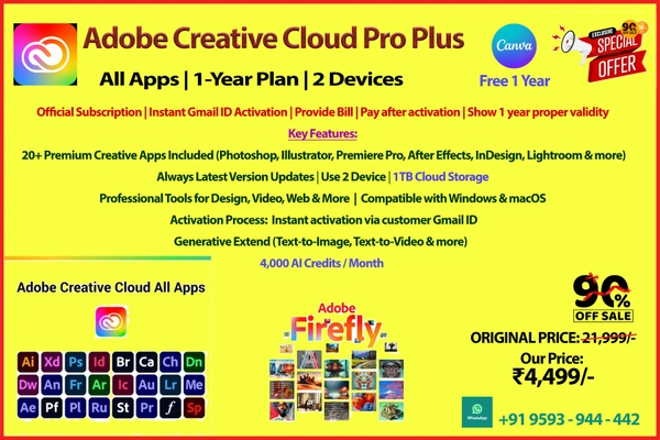 Adobe Creative Cloud Master Collection 20+ Software Access 1 Year Subscription Plan.