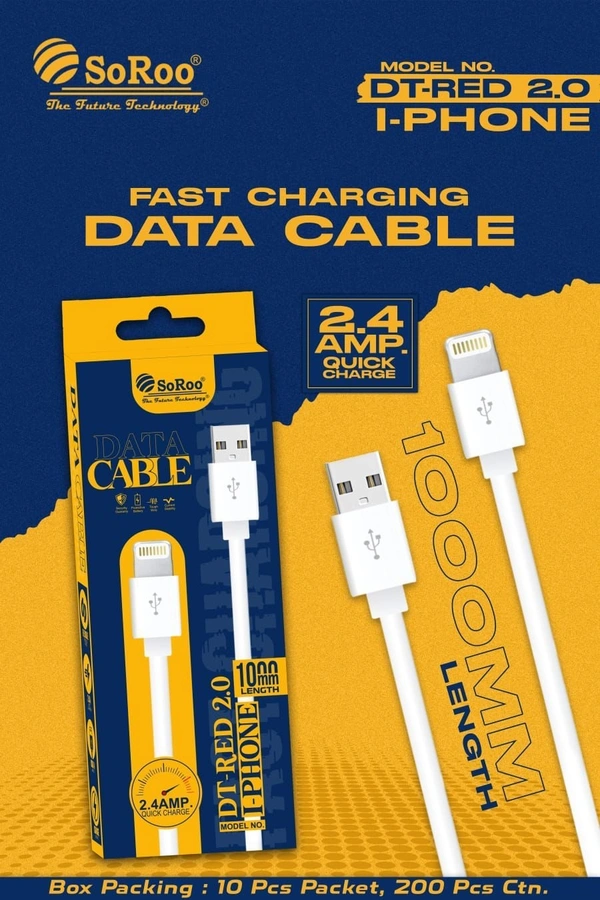 DT RED 2.0 I PHONE DATA CABLE (2.4 AMP) - White, 1 M