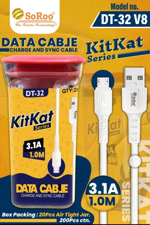 DT-32 V8 DATA CABLE KitKat SERIES (3.1A) - White, 1 M