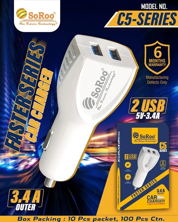 C-5  2 USB CAR CHARGER ( 3.4A ) ( 6 month Garantee ) - White