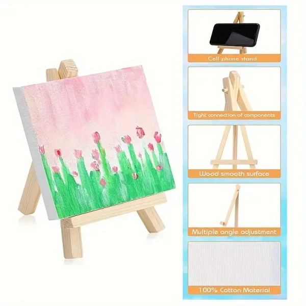 1pc 4in*4in Mini Canvas And Easel Set, Small Art Easel Stand With Canvas Set, Tabletop Wooden Display Stand And Canvas Panels For Artist, Students, Adults, Students Painting.