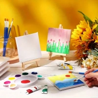 1pc 4in*4in Mini Canvas And Easel Set, Small Art Easel Stand With Canvas Set, Tabletop Wooden Display Stand And Canvas Panels For Artist, Students, Adults, Students Painting.