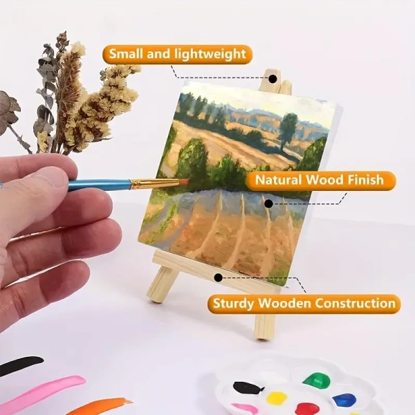1pc 4in*4in Mini Canvas And Easel Set, Small Art Easel Stand With Canvas Set, Tabletop Wooden Display Stand And Canvas Panels For Artist, Students, Adults, Students Painting.