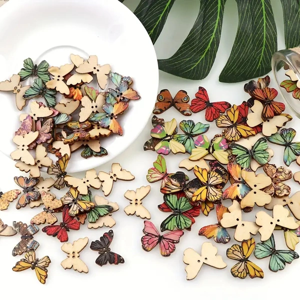 25pcs Wooden Colorful Butterfly Design Buttons With 2 Holes For DIY Handmade Fit Sewing And Scrapbook Buttons For Craft DIY Decoration