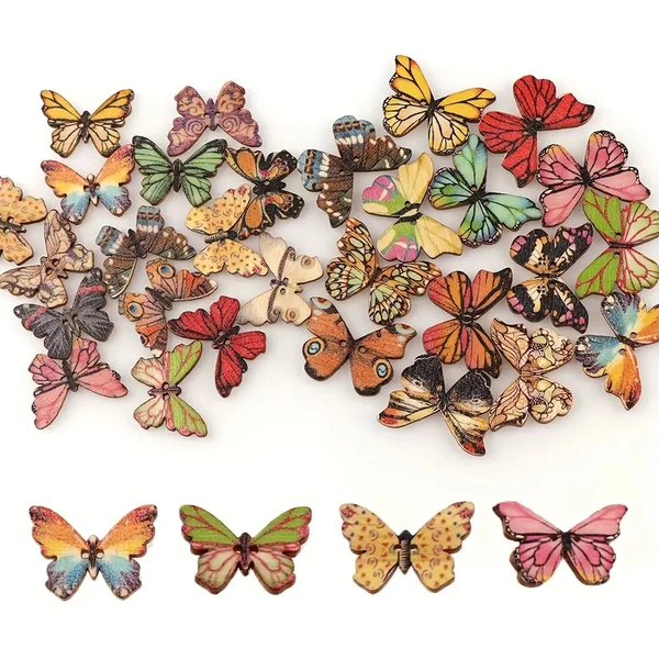 25pcs Wooden Colorful Butterfly Design Buttons With 2 Holes For DIY Handmade Fit Sewing And Scrapbook Buttons For Craft DIY Decoration