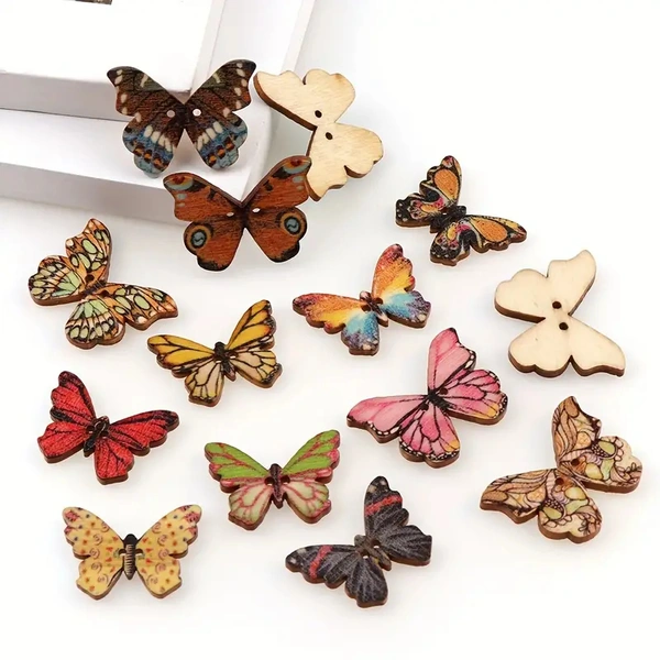 25pcs Wooden Colorful Butterfly Design Buttons With 2 Holes For DIY Handmade Fit Sewing And Scrapbook Buttons For Craft DIY Decoration