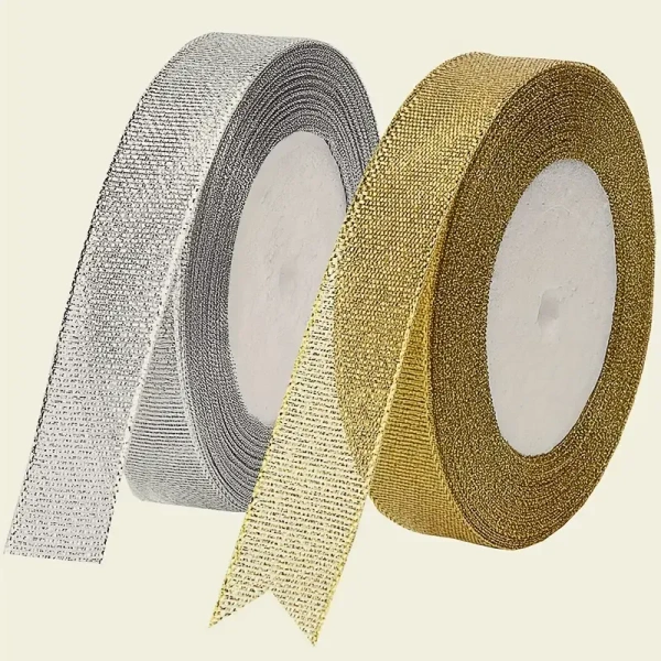 25yards/22m Golden And Silvery Gift Ties, Ribbons For Bouquets, Craft Supplies Fabric, Gift Packaging Ribbon, Cake Decor Ribbon