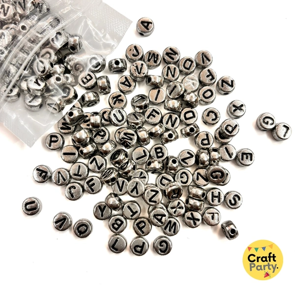 100pc - Alphabet Silver Black Round Bracelet Beads