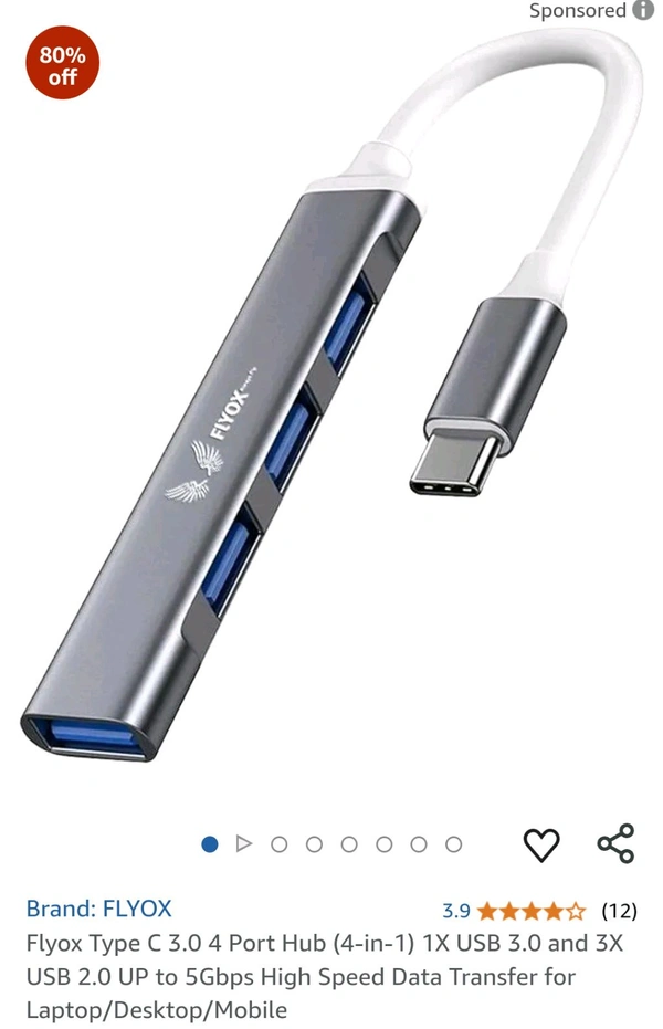 Flyox  TYPE C 4 PORT HUB USB 3.0 - TYPE C, Silver