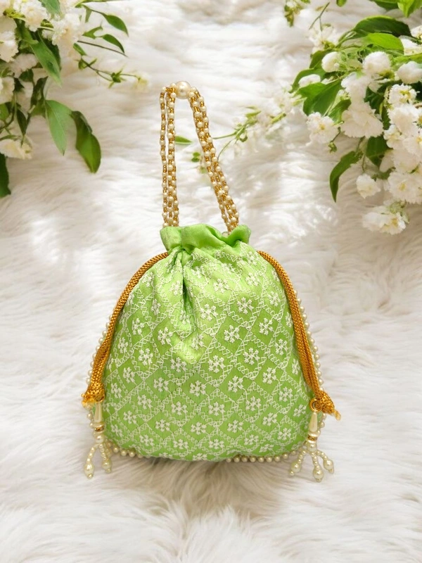 Valley Handicraft Beautiful Chikankari Fabric Matka Potli (1pcs ) - Pista Green, 1