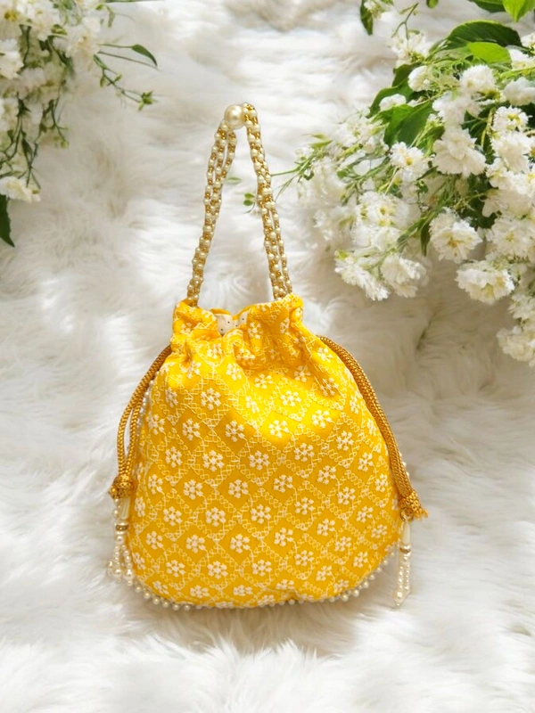 Valley Handicraft Beautiful Chikankari Fabric Matka Potli (10pcs ) - Yellow, 10