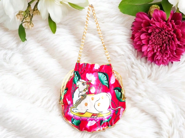 Valley Handicraft Beautiful Pichwai Cow Printed Satin Fabric Matka Potli (10pcs ) - Rani, 10