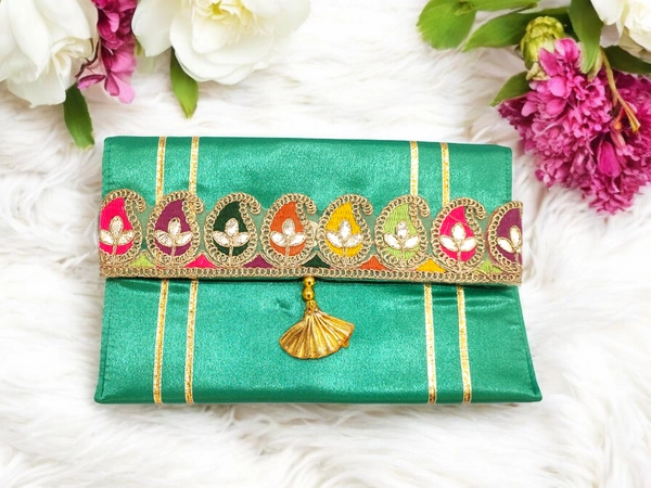 Valley Handicraft Beautiful satin clutch with beautiful keri lace (1pcs ) - Rama Green, 1
