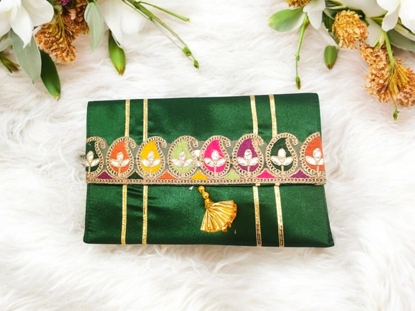 Valley Handicraft Beautiful satin clutch with beautiful keri lace (10pcs ) - Green, 10