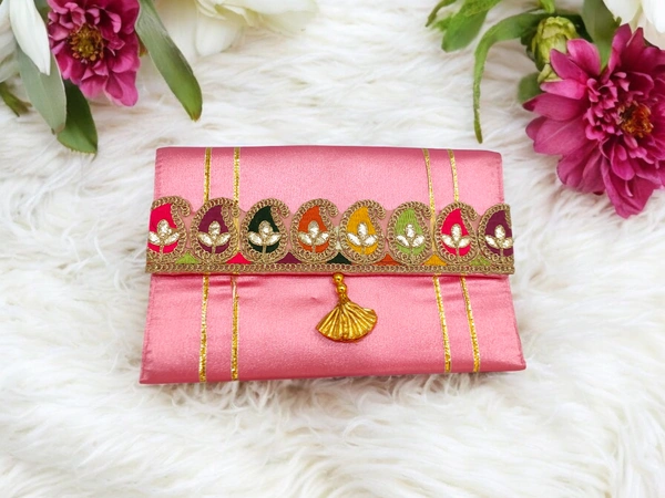 Valley Handicraft Beautiful satin clutch with beautiful keri lace (1pcs ) - Pink, 1