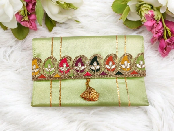 Valley Handicraft Beautiful satin clutch with beautiful keri lace (5pcs ) - Pista Green, 5