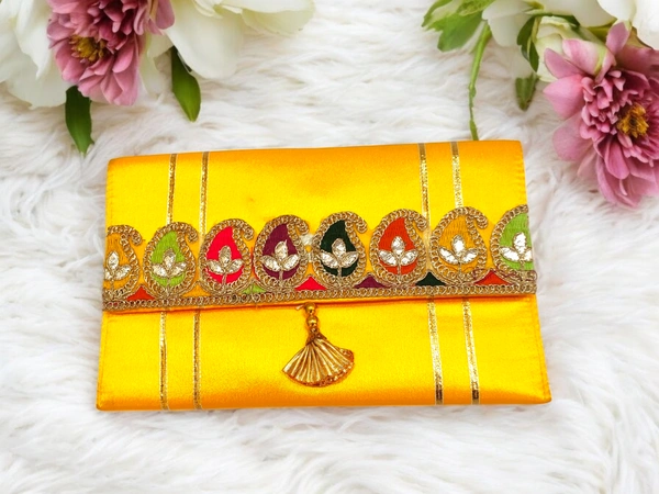 Valley Handicraft Beautiful satin clutch with beautiful keri lace (5pcs ) - Yellow, 5