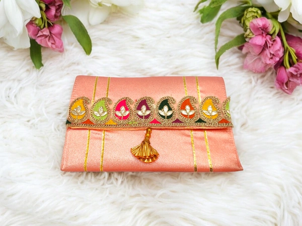 Valley Handicraft Beautiful satin clutch with beautiful keri lace (5pcs ) - Peach, 5