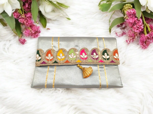 Valley Handicraft Beautiful satin clutch with beautiful keri lace (20pcs ) - Grey, 20