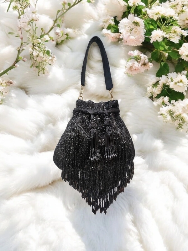 Valley Handicraft Black Potli With Crystal Hanging (1pcs ) - Black, 1