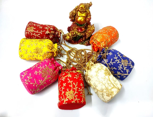 Valley Handicrafts  (7*4 Inch) Embroidery Silk Fabric Designer Base Potli Bags with Beads Handle for Women / Best Gifts Favours Giveaways &  Favours /Shagun Pouch Return Gifts for Haldi  Mehendi Roka Wedding (5pcs ) - Mix Colour, 5