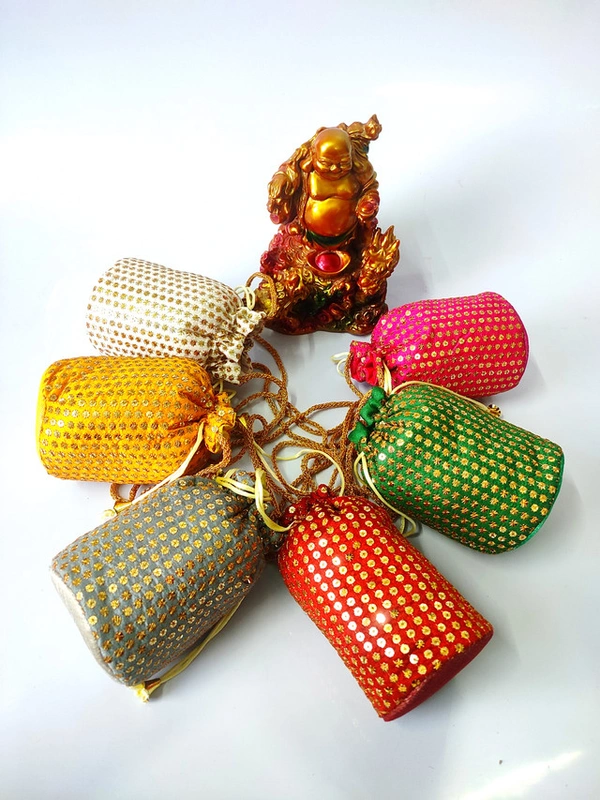 Valley Handicrafts  (7*4 Inch) Small Sequance Embroidery Silk Fabric Designer Base Potli Bags with Beads Handle for Women / Best Gifts Favours Giveaways &  Favours /Shagun Pouch Return Gifts for Haldi  Mehendi Roka Wedding (5pcs ) - Mix Colour, 5