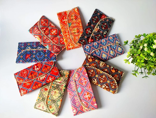 Valley Handicrafts (8*5 inch) Assorted Colours Designer Ladies Patola Clutches envelope for Wedding party Wallet Giftting Lifafa /  Best Gifts Favours Giveaways &  Favours /Shagun  Return Gifts for Haldi  Mehendi Roka Wedding (5pcs ) - Mix Colour, 5