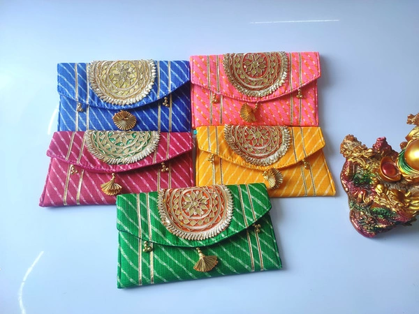 Valley Handicrafts (8*5 inch) Gota Patch Work Lehriya Fabric Clutches for Giffting Weddding envelopes for Wedding party Wallet Giftting Lifafa /  Best Gifts Favours Giveaways &  Favours /Shagun  Return Gifts for Haldi  Mehendi Roka Wedding (5pcs ) - Mix Colour, 5