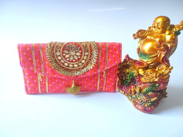 Valley Handicrafts (8*5 inch) Gota Patch Work Lehriya Fabric Clutches for Giffting Weddding envelopes for Wedding party Wallet Giftting Lifafa /  Best Gifts Favours Giveaways &  Favours /Shagun  Return Gifts for Haldi  Mehendi Roka Wedding (5pcs ) - Mix Colour, 5