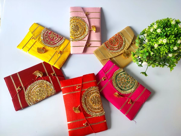 Valley Handicrafts (8*5 inch) Gota Patch Work Silk Fabric Clutches for Giffting Weddding envelopes for Wedding party Wallet Giftting Lifafa /  Best Gifts Favours Giveaways &  Favours /Shagun  Return Gifts for Haldi  Mehendi Roka Wedding (5pcs ) - Mix Colour, 5