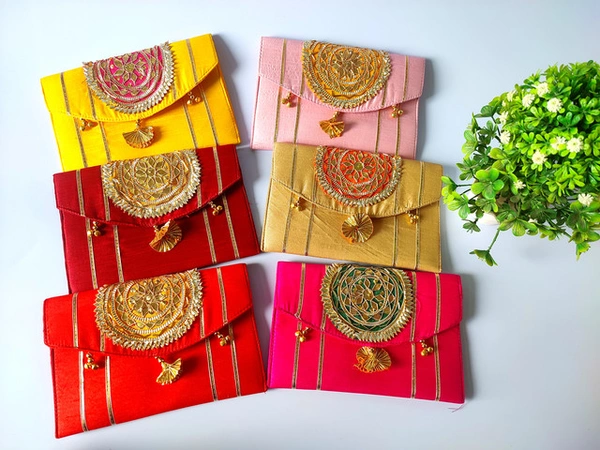 Valley Handicrafts (8*5 inch) Gota Patch Work Silk Fabric Clutches for Giffting Weddding envelopes for Wedding party Wallet Giftting Lifafa /  Best Gifts Favours Giveaways &  Favours /Shagun  Return Gifts for Haldi  Mehendi Roka Wedding (5pcs ) - Mix Colour, 5