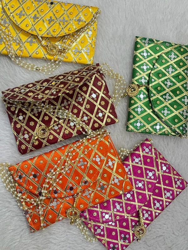 Valley Handicrafts (8*5 inch) Gota Patti Mirror Work  Clutches with Beads Handle for Giffting Weddding envelopes for Wedding party Wallet Giftting Lifafa /  Best Gifts Favours Giveaways &  Favours /Shagun  Return Gifts for Haldi  Mehendi Roka Wedding (5pcs ) - Mix Colour, 5
