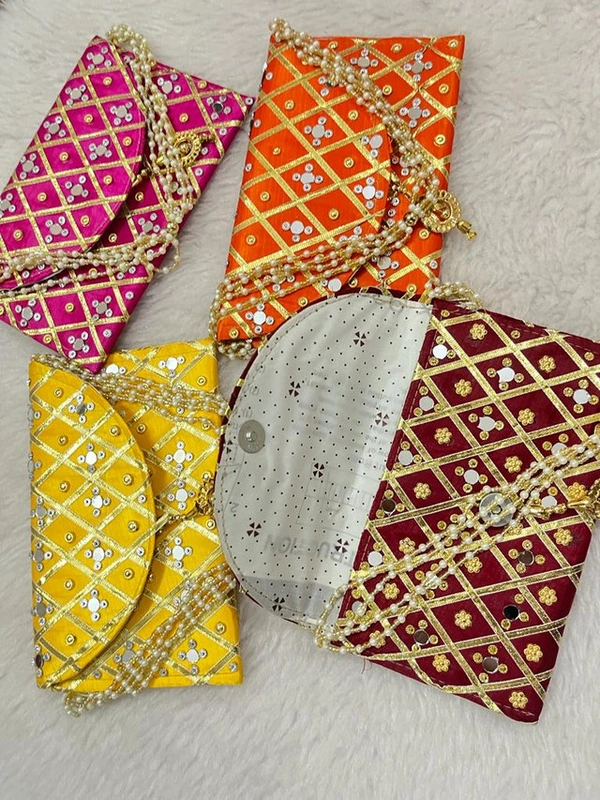 Valley Handicrafts (8*5 inch) Gota Patti Mirror Work  Clutches with Beads Handle for Giffting Weddding envelopes for Wedding party Wallet Giftting Lifafa /  Best Gifts Favours Giveaways &  Favours /Shagun  Return Gifts for Haldi  Mehendi Roka Wedding (5pcs ) - Mix Colour, 5