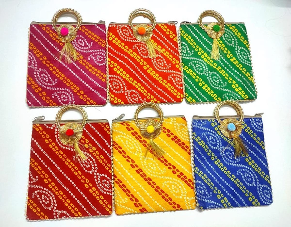 Valley Handicrafts  (9*10 Inch) Bandhej Fabric Designer Hand Bags with Bangal Handle for Women / Best Gifts Favour (10pcs ) - Mix Colour, 10