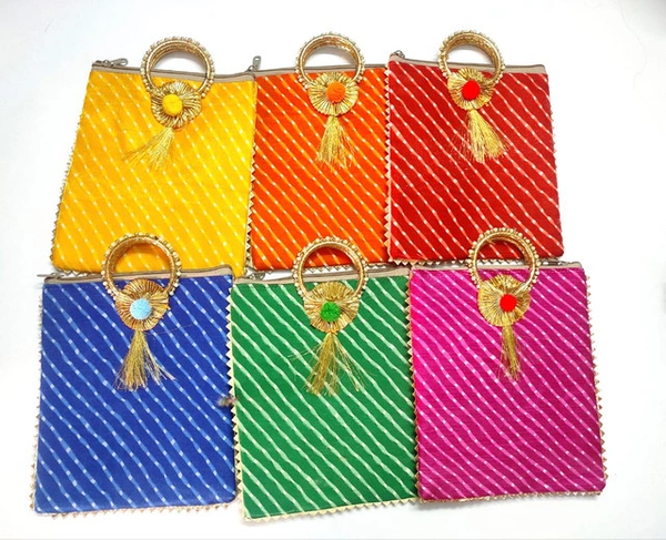 Valley Handicrafts  (9*10 Inch) Lehriya Fabric Designer Hand Bags with Bangal Handle for Women / Best Gifts Favour (5pcs ) - Mix Colour, 5