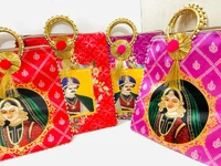 Valley Handicrafts  (9*10 Inch) Raja Rani Digital Print Fabric Designer Hand Bags with Bangal Handle for Women / Best Gifts Favour (50pcs ) - Mix Colour, 50