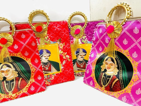 Valley Handicrafts  (9*10 Inch) Raja Rani Digital Print Fabric Designer Hand Bags with Bangal Handle for Women / Best Gifts Favour (50pcs ) - Mix Colour, 50