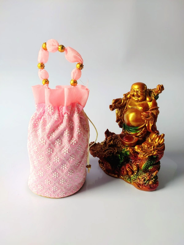 Valley Handicrafts  (9*5 Inch) Lucknowi chikankari Fabric Designer Base Potli Bags with Golden Ball Handle for Women / Best Gifts Favours Giveaways &  Favours /Shagun Pouch Return Gifts for Haldi  Mehendi Roka Wedding (5pcs ) - Mix Colour, 5