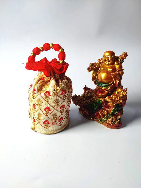 Valley Handicrafts  (9*5 Inch)  Sherwani Golden Threads Work Silk Fabric Designer Base Potli Bags with Golden Ball Handle for Women / Best Gifts Favours Giveaways &  Favours /Shagun Pouch Return Gifts for Haldi  Mehendi Roka Wedding (100pcs ) - Mix Colour, 100
